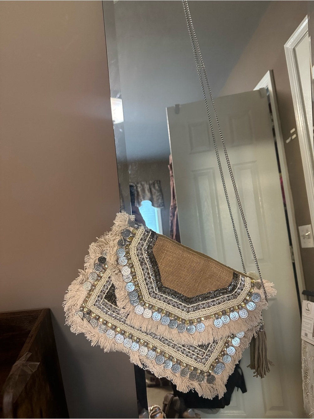 Embellished Fringe Coin Clutch in Cream and Gold - Picture 2 of 5